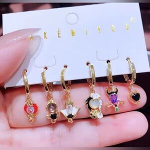 14K Gold Plated Disney Villains Gemstone Theme Earrings Hoop Mismatched Set